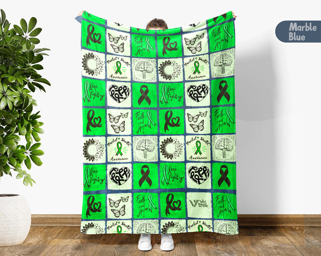 Mental Health Awareness Blanket with Green Ribbon, Cozy Wellness Throw, Thoughtful Comfort Gift for Loved Ones in May, Supportive & Inspirational, Battle Blanket