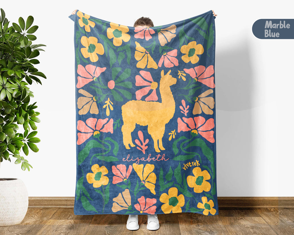 Personalized Llama Alpaca Floral Blanket, Custom Name Cute Animal Throw, Cozy Funny Farm Animal Gift for Animal Lovers