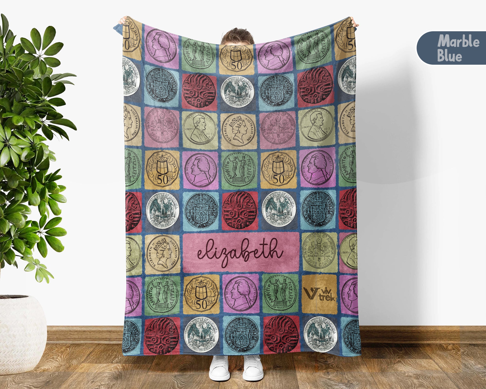 Custom Name Coin Collector Blanket, Vintage Numismatics Throw for Hobby Lovers, Cozy Bullion Inspired Decor Gift