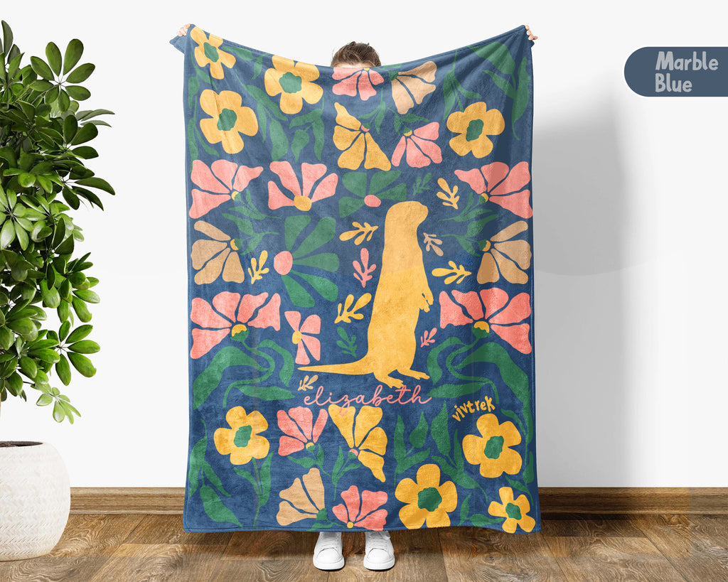Personalized Floral Otter Blanket with Custom Name, Cozy Floral Throw for Kids Teens Adults, Cute Otter Lover Birthday Gift