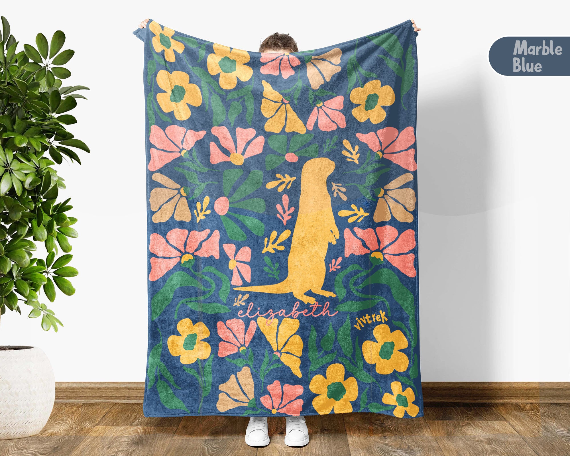 Personalized Floral Otter Blanket with Custom Name, Cozy Floral Throw for Kids Teens Adults, Cute Otter Lover Birthday Gift