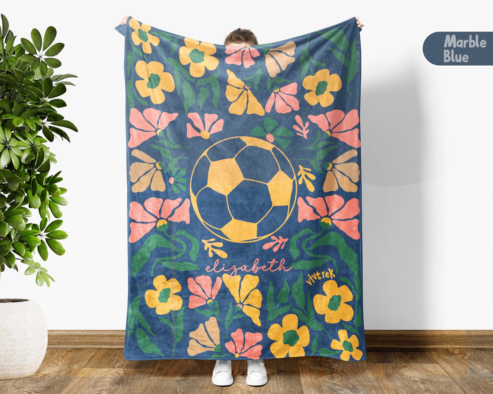 Custom Name Soccer Floral Blanket, Personalized Football Fan Throw, Cozy Sports Gift for Players and Soccer Lovers Room Decor