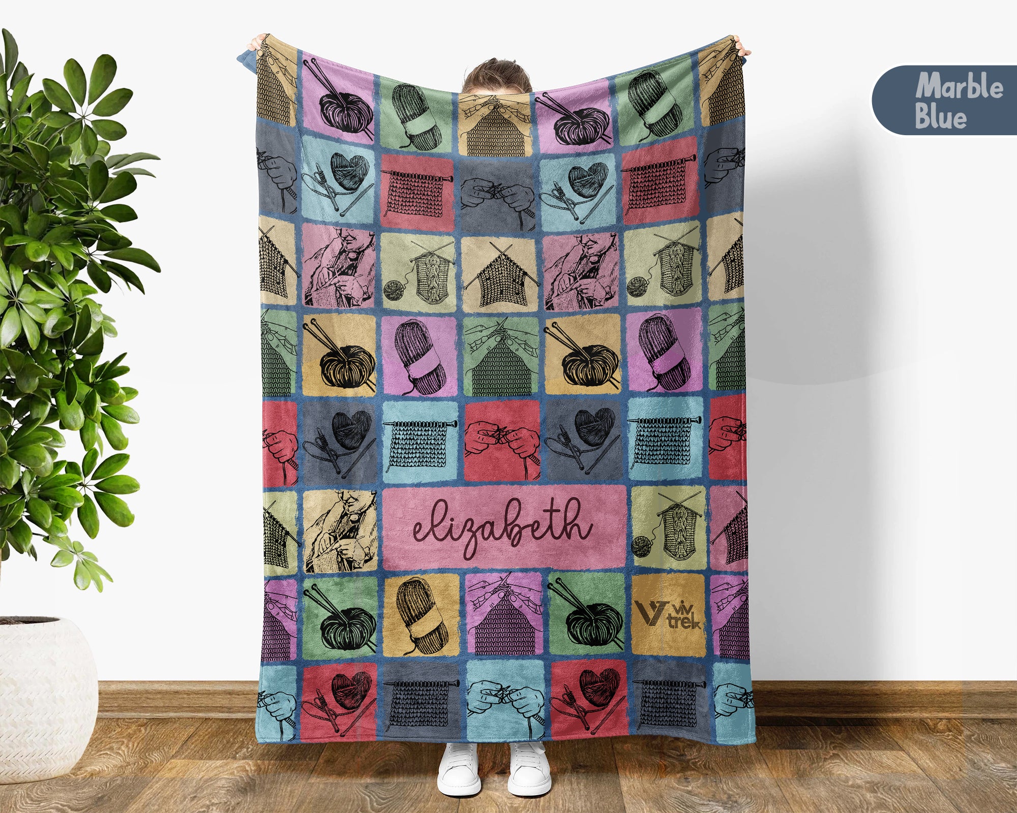 Custom Name Knitting Lover Blanket, Vintage Yarn Crochet Throw for Craft Fans, Cozy Needlework Inspired Home Decor