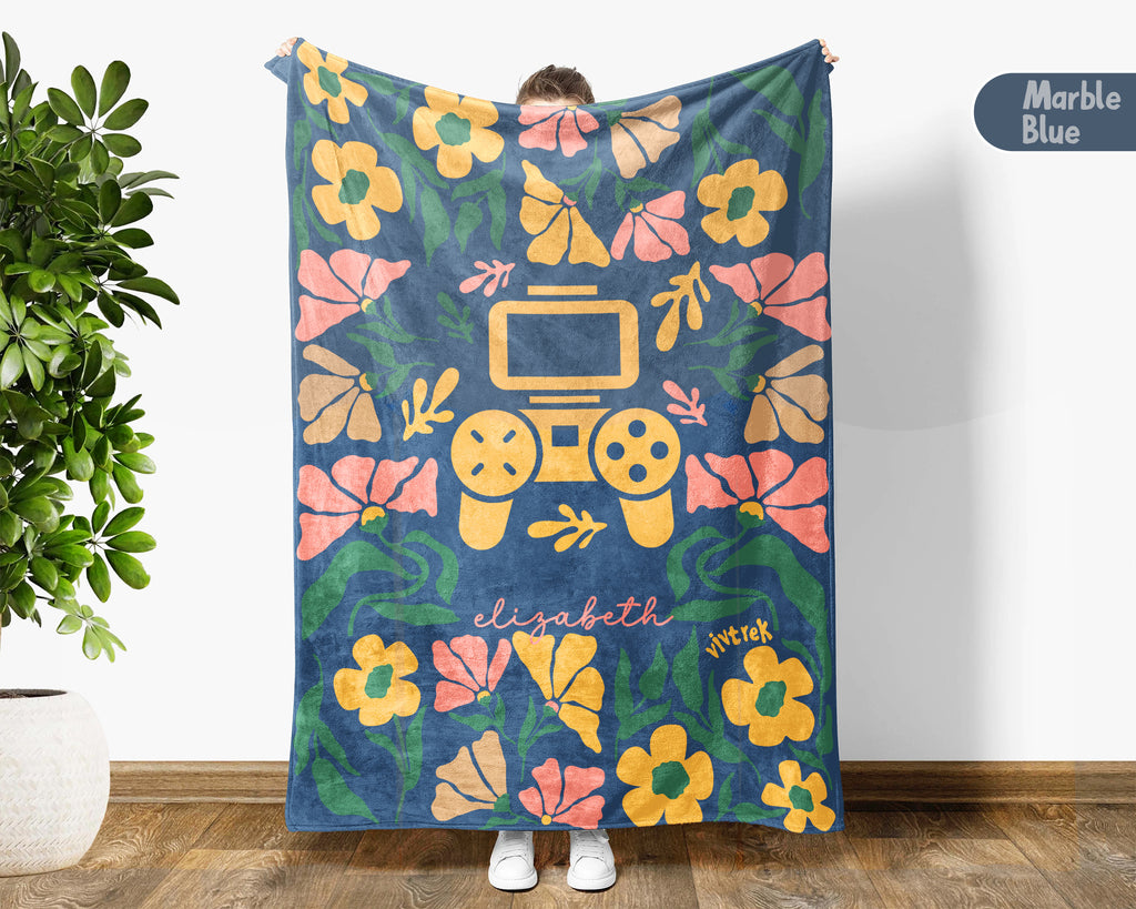 Floral Personalized Name Video Gaming Blanket with Custom Name, Cozy Floral Gamer Throw for Kids Teens Adults, Birthday Gift for Boys & Girls