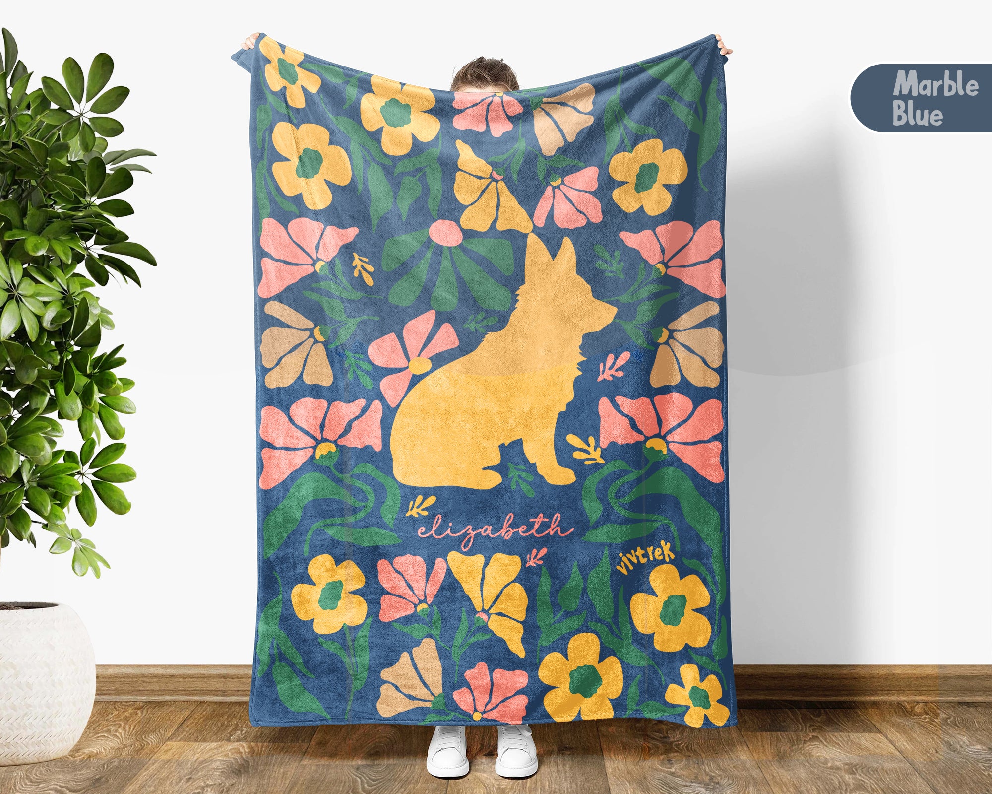 Personalized Name Floral Corgi Blanket, Cozy Dog Lover Throw for Home