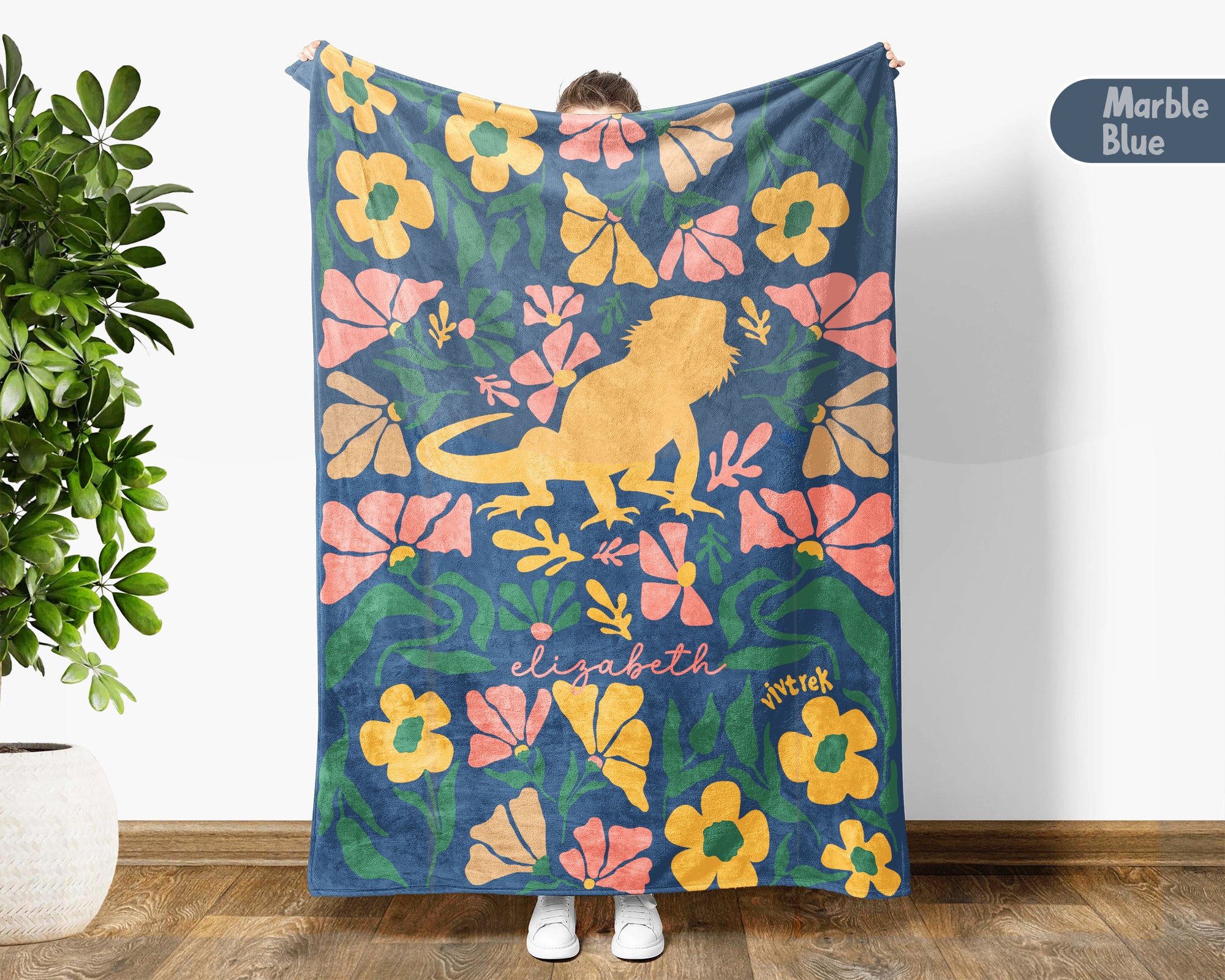 Floral Custom Name Bearded Dragon Blanket, Cozy Floral Lizard Throw for Kids Teens Adults, Cute Reptile Lover Gift