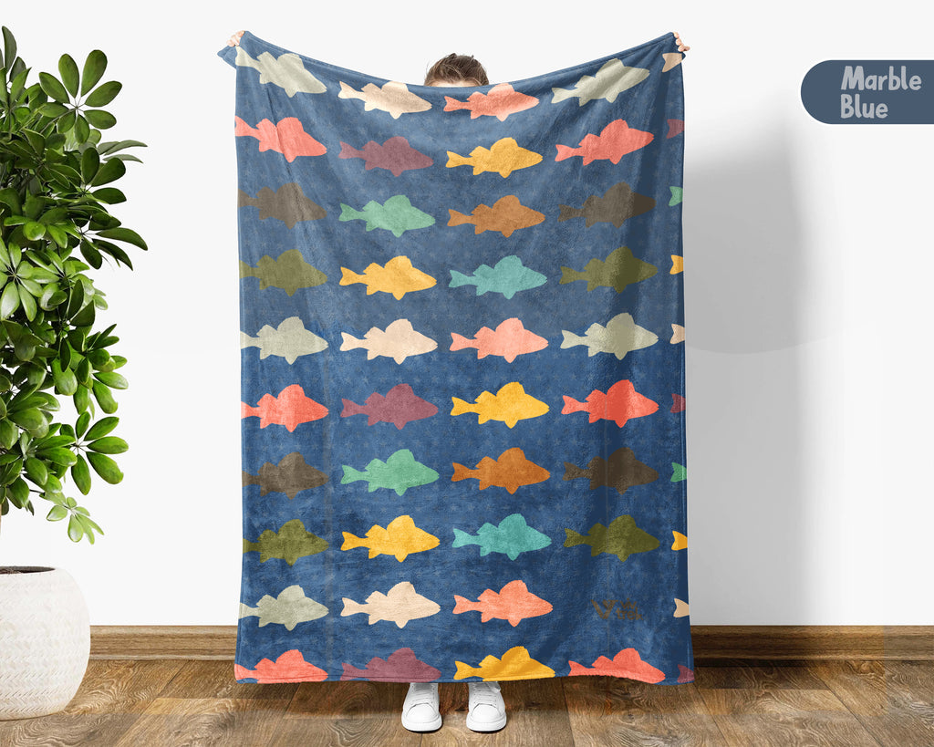 Retro Fishing Lover Blanket for Anglers, Cozy Fish Throw Gift for Fisherman Dad and Rustic Outdoor Cabin Style