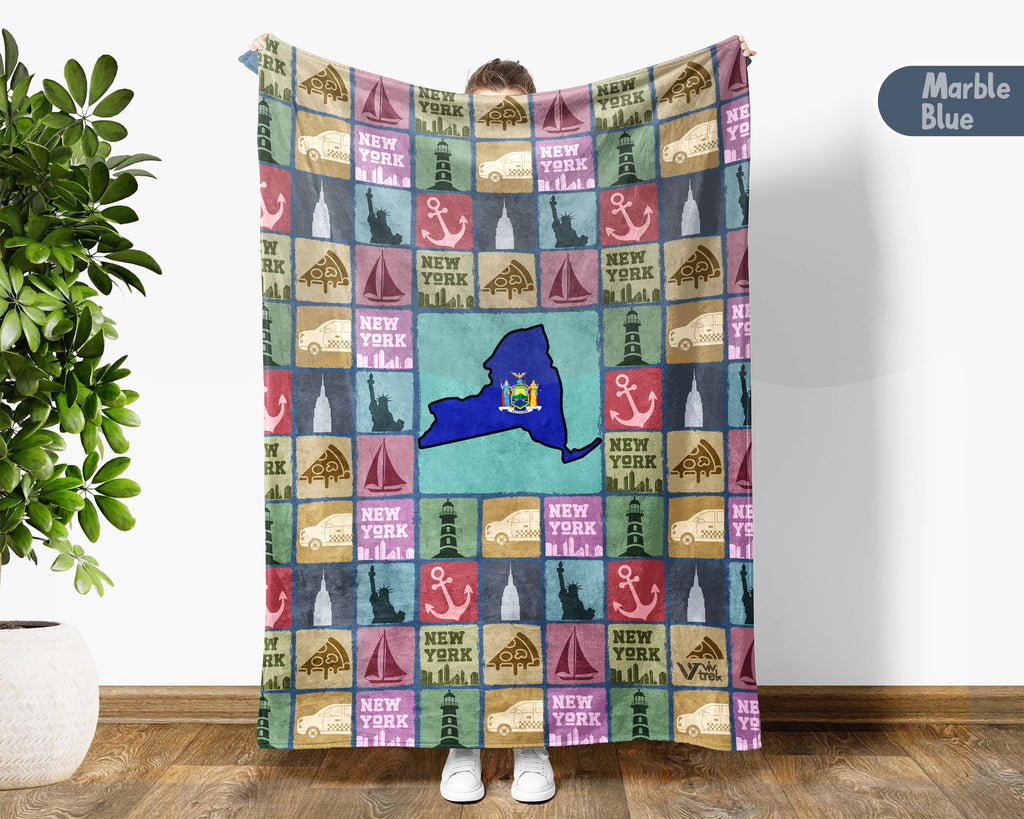 Retro New York Blanket, 4th of July Cozy Patriotic Throw, Vintage NY Lover Fleece, Empire State Inspired American Home Gift