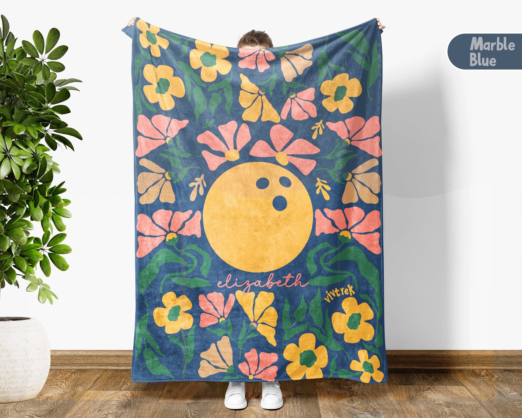 Personalized Bowling Blanket with Custom Name, Cozy Floral Bowling Throw for Kids Teens Adults, Fun Bowler Birthday Christmas Gift