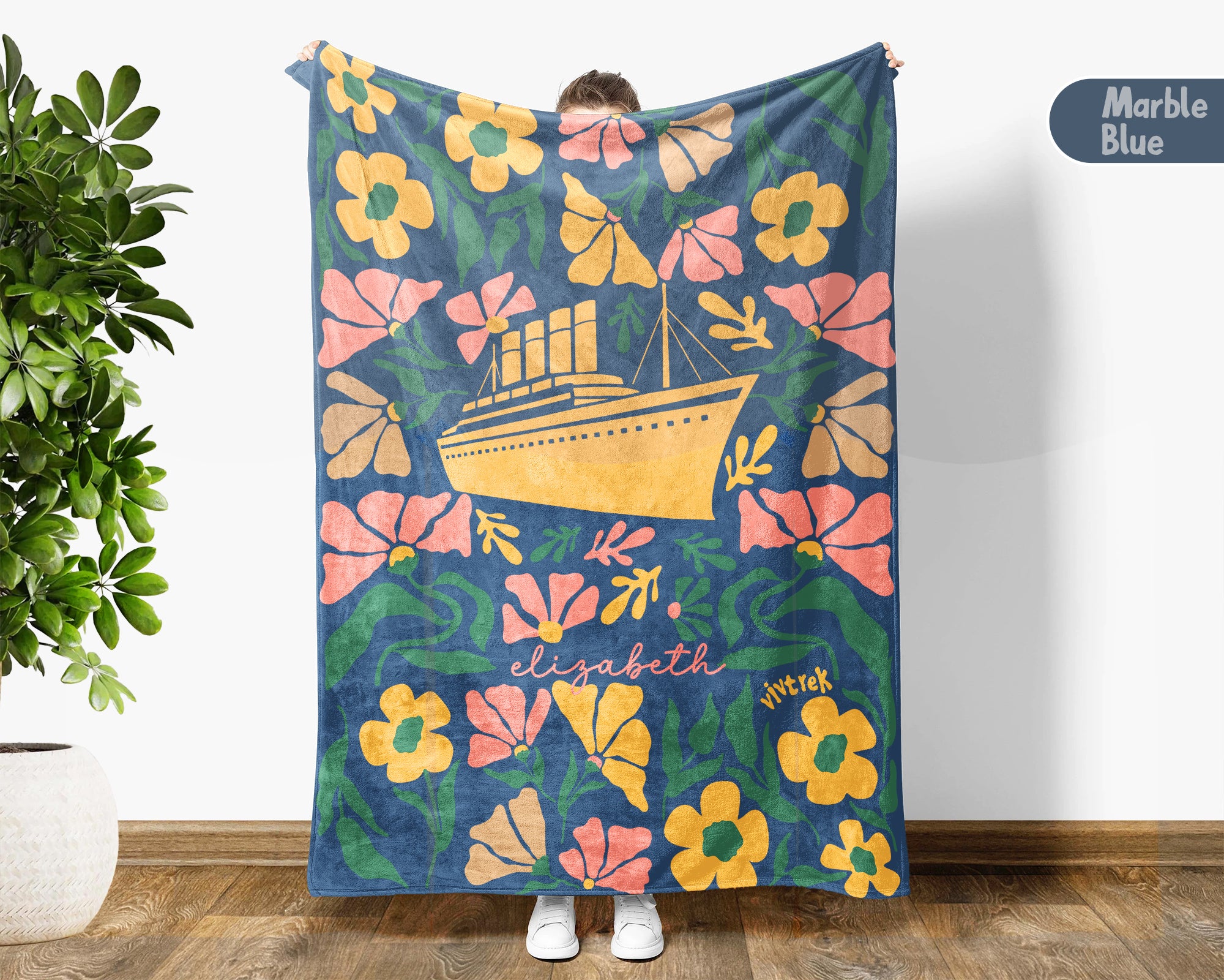 Personalized Floral Titanic Ship Blanket with Custom Name, Cozy Wildflower Ocean Liner Throw for Kids Teens Adults, History Lover Gift