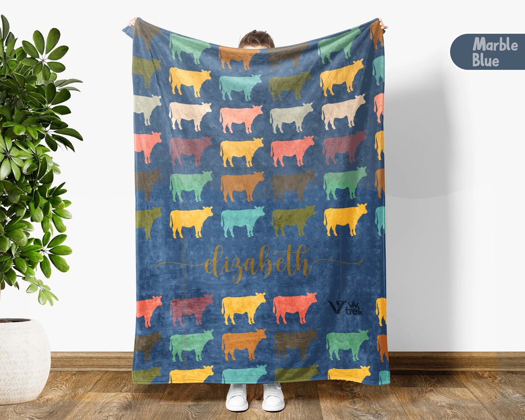 Custom Name Cow Lover Blanket Retro Farm Animal Throw Cozy Personalized Gift Soft Cattle Decor for Dairy Farmer Home