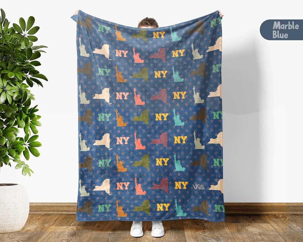 Retro New York Blanket, 4th of July Cozy Patriotic Throw, Vintage NY Lover Fleece, American Flag Inspired New York Home Gift
