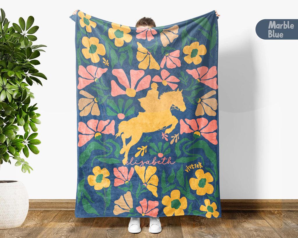Custom Name Floral Horse Racing Blanket, Cozy Equestrian Throw Gift