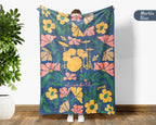 Floral Drummer Blanket with Custom Name, Cozy Wildflower Drum Kit Throw for Kids Teens Adults, Music Lover Gift