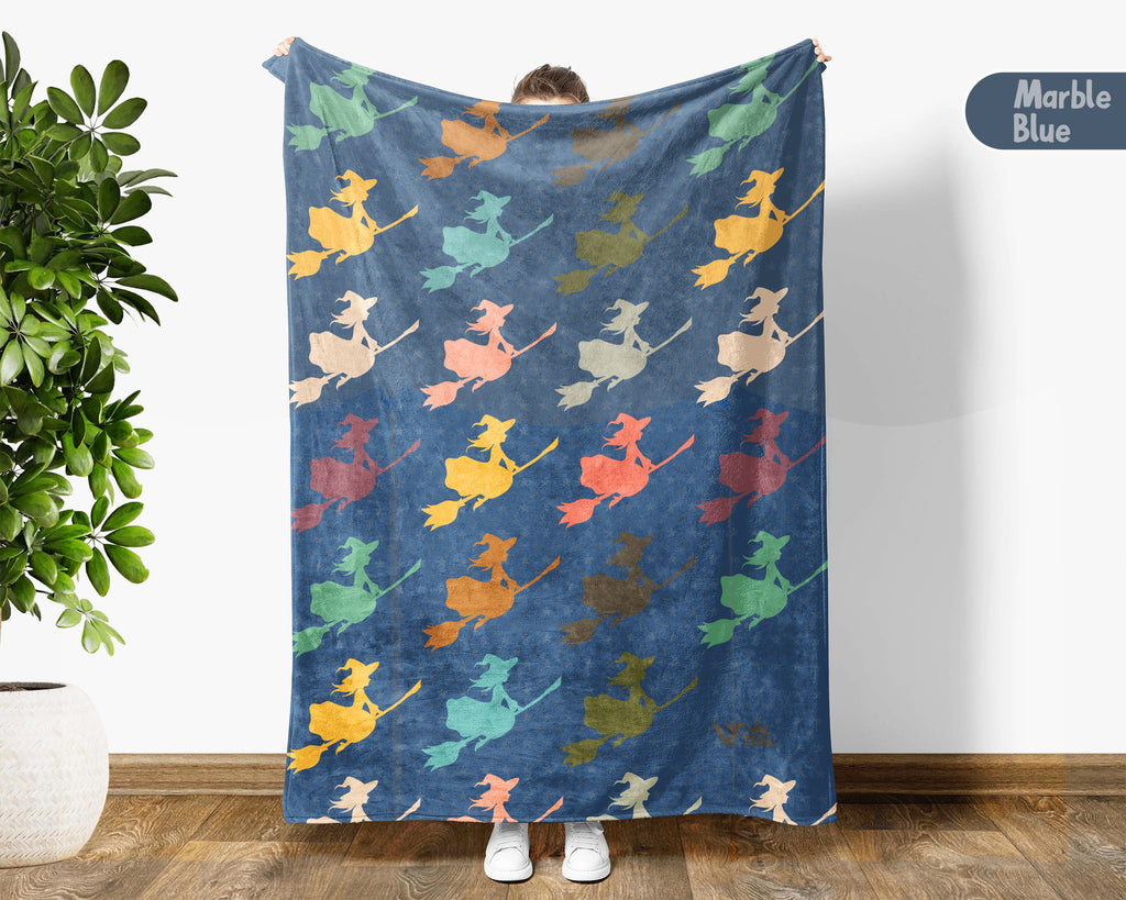 Retro Witch Blanket for Spooky Decor, Cozy Halloween Throw Gift with Magical Gothic Autumn Style