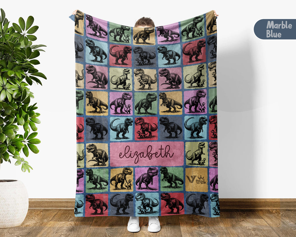 Custom T-Rex Blanket Personalized Name Retro Dino Throw Cozy Tyrannosaurus Decor Unique Prehistoric Gift Fun Room Accent