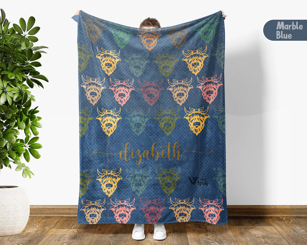 Custom Name Highland Cow Blanket Rustic Animal Throw Cozy Personalized Gift Soft Farmhouse Decor for Cow Lovers Home