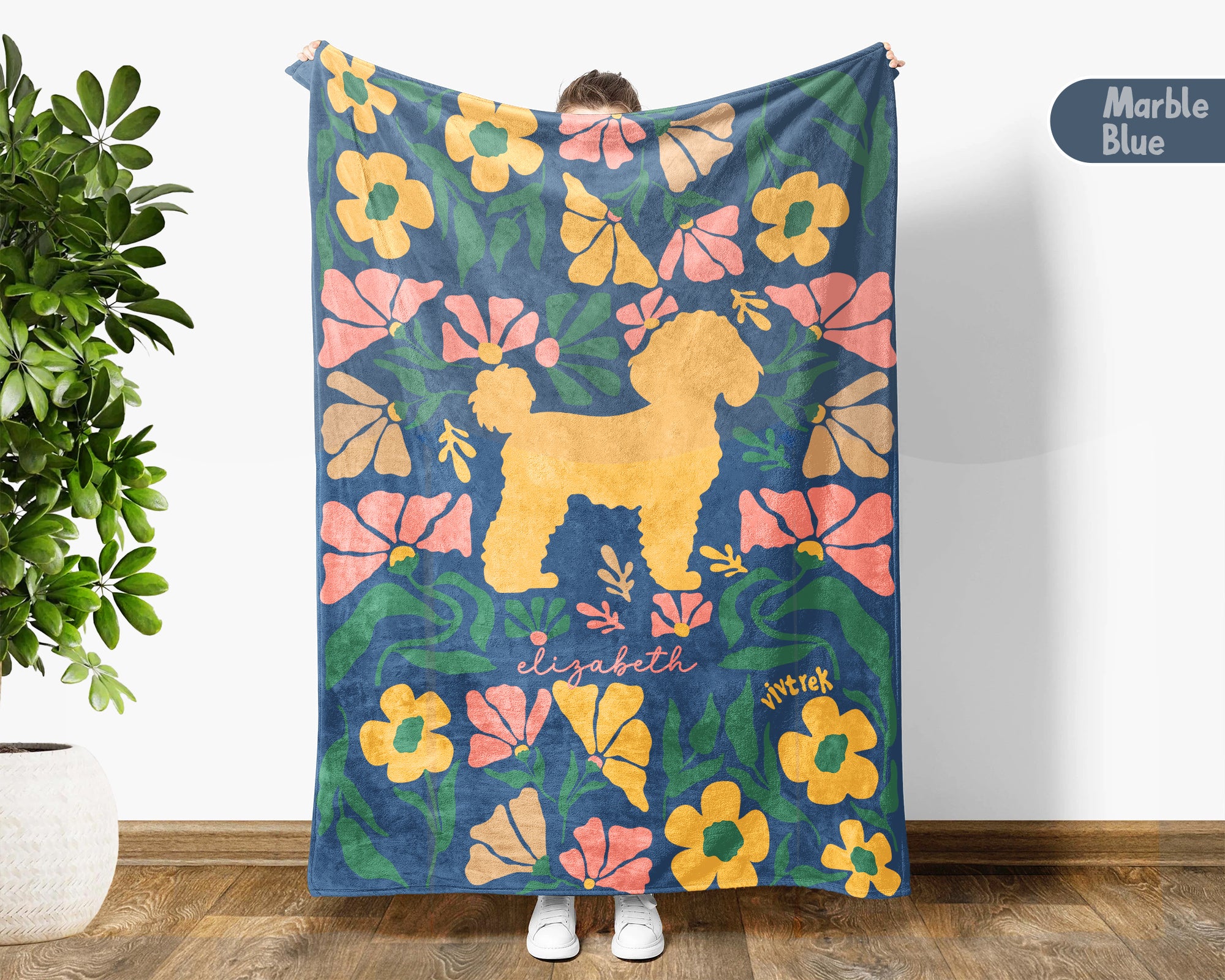 Custom Name Floral Poodle Blanket, Personalized Cozy Retro Puppy Throw, Vintage Dog Lover Gift for Teens Adults Dog Moms