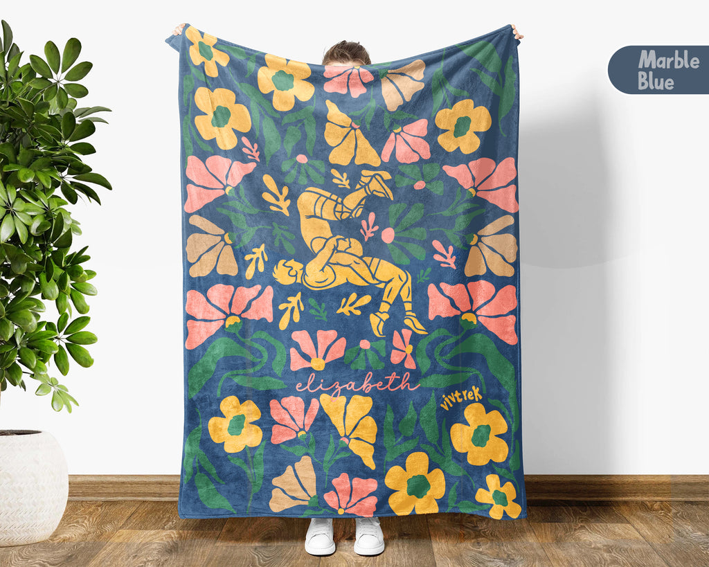 Custom Name Floral Wrestling Blanket, Cozy Wrestling Throw Gift for Kids Teens Adults, Perfect Birthday Sports Present