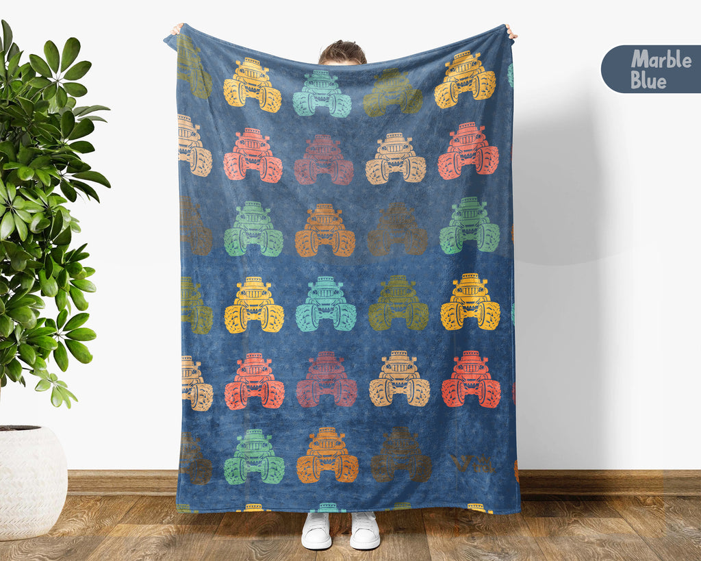 Kids Retro Monster Truck Blanket, Cozy Truck Lover Throw Gift