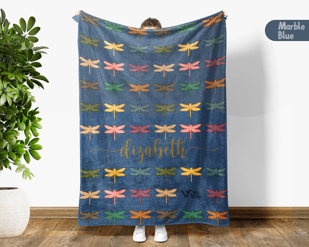 Personalized Dragonfly Throw Custom Name Insect Lover Blanket Retro Winged Bug Design Nature Gift for Her Cozy Home Accent Decor