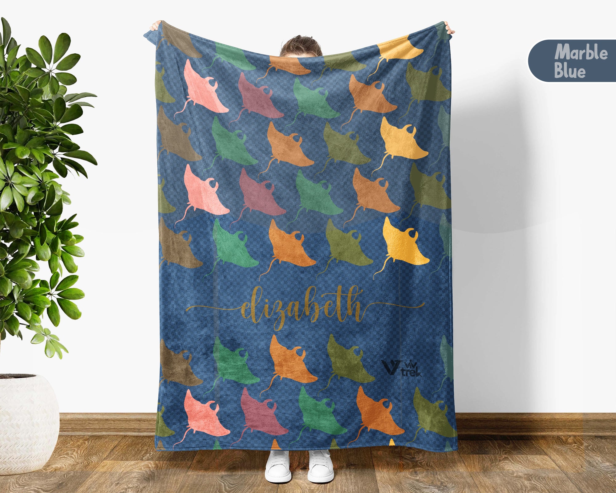 Custom Name Stingray Blanket, Cozy Retro Ocean Throw for Sea Life Lovers