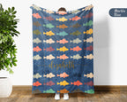 Custom Retro Fishing Blanket, Personalized Fish Lover Throw for Angler Dad Lake Cabin Outdoor Decor and Gifts