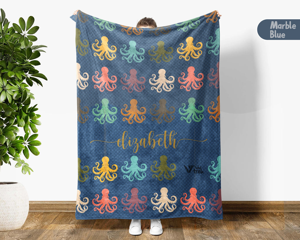 Personalized Octopus Lover Blanket Custom Name Retro Ocean Animal Throw Cozy Marine Life Fleece Gift Nautical Home Decor Accent