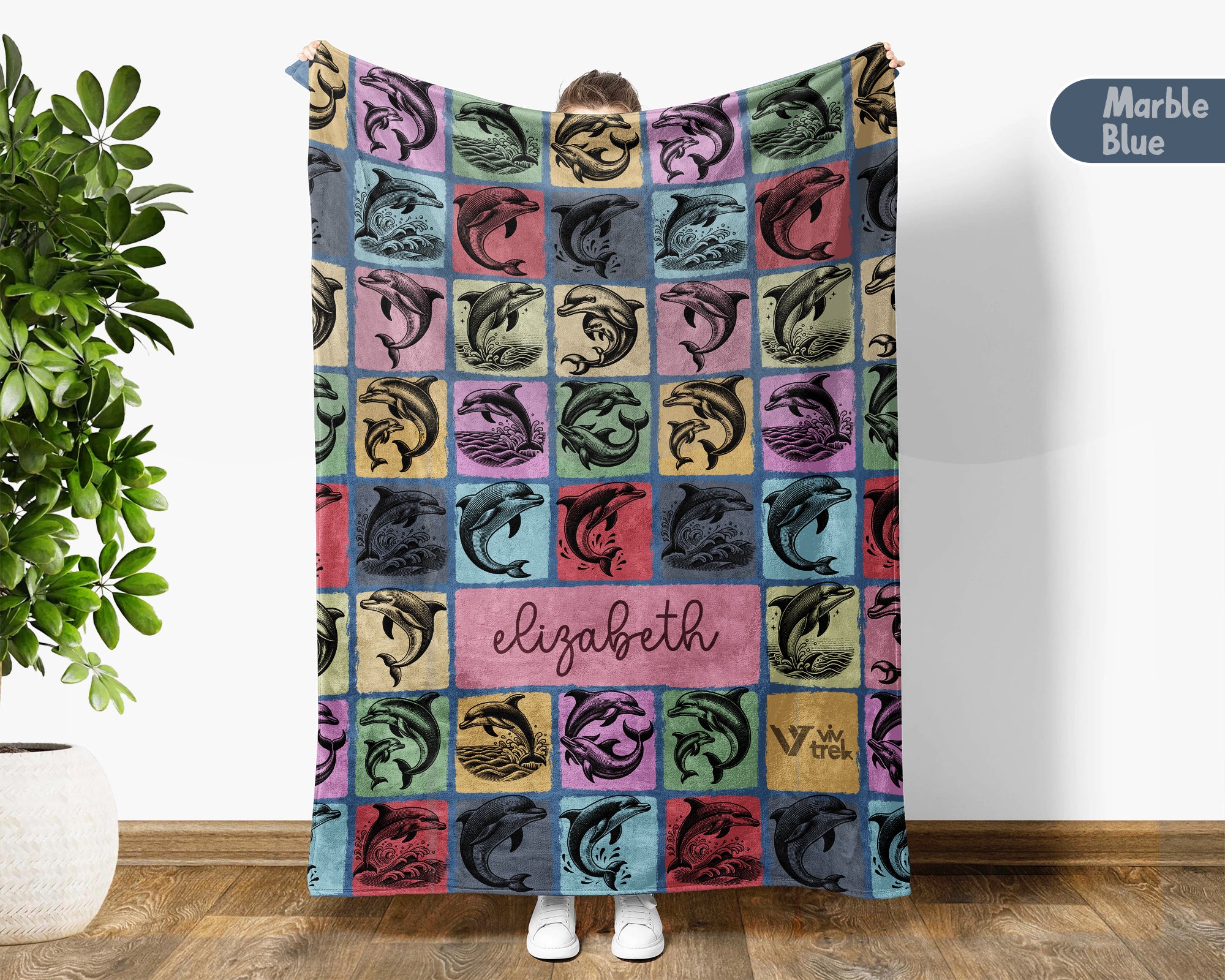 Custom Dolphin Lover Blanket Personalized Name Retro Ocean Animal Throw Vintage Marine Cozy Fleece Gift Sea Life Home Decor Accent