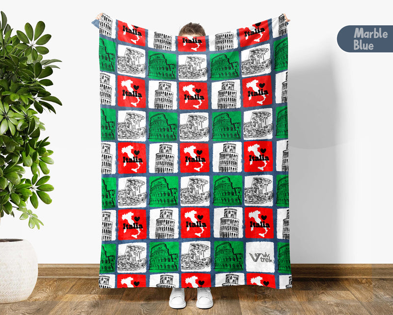 Retro Italy Blanket Throw with Italia Flag Design, Cozy Rome Venice Inspired Decor, Mediterranean Travel Lover Gift Blanket