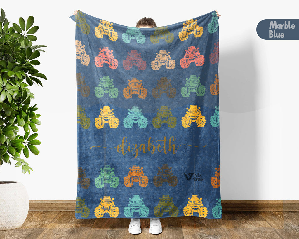 Personalized Monster Truck Blanket for Kids, Custom Name Retro Truck Throw, Cozy Boys Gift, Fun Truck Lover Room Decor Blanket