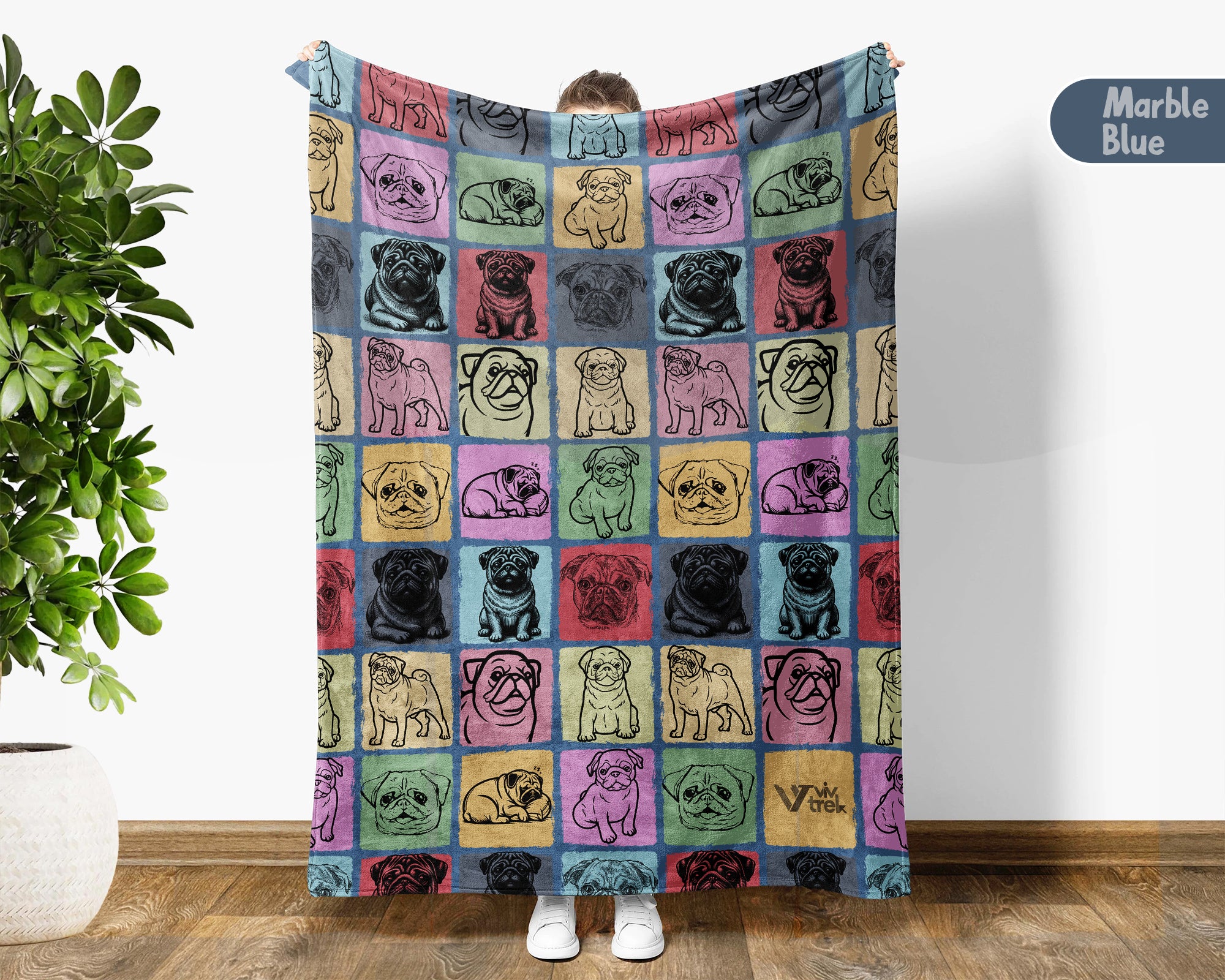 Pug Dog Blanket, Vintage Pug Lover Throw, Cozy Retro Dog Fleece Blanket, Unique Pet Lover Gift for Home and Kids