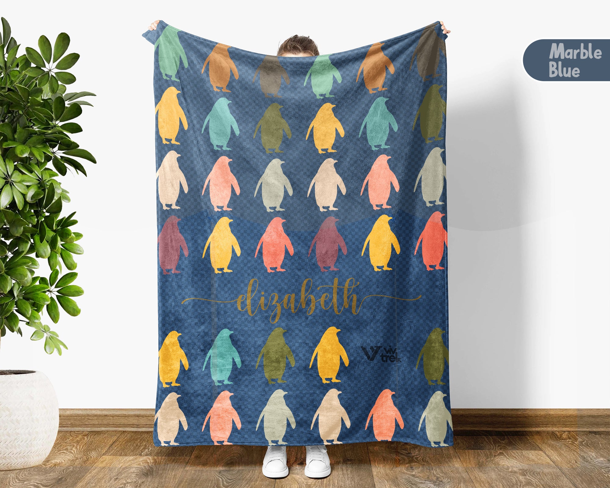 Custom Name Penguin Lover Blanket Vintage Ocean Throw Cozy Personalized Gift Soft Arctic Animal Decor for Home