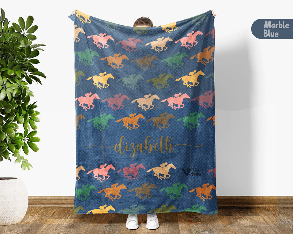 Custom Name Horse Racing Blanket Sporty Throw Cozy Personalized Gift Soft Equestrian Decor for Racing Fans Home