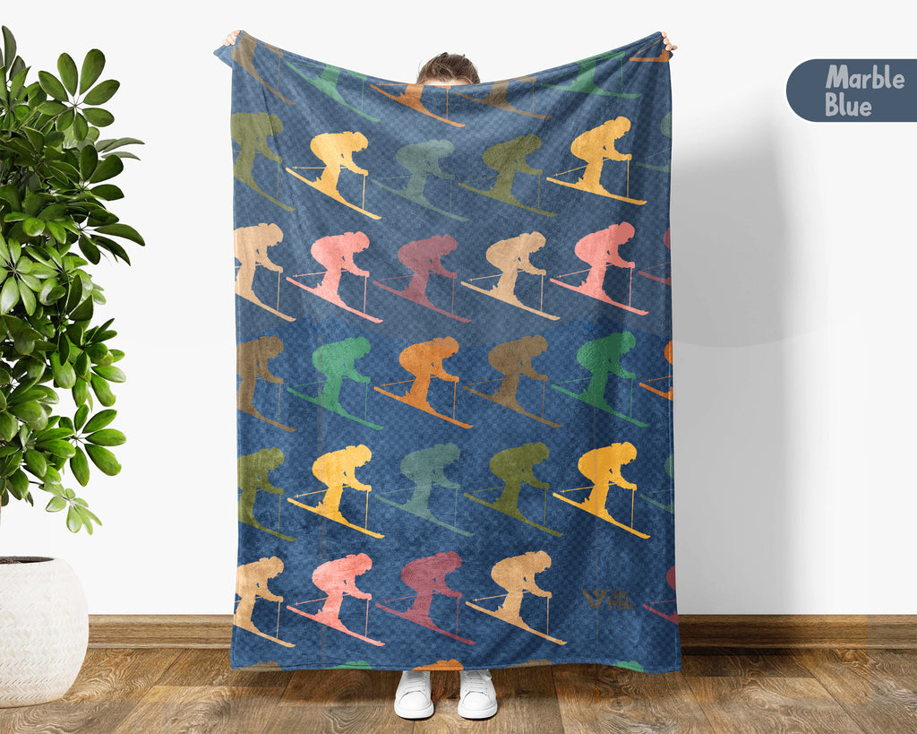 Retro Sking Lover Blanket Cozy Winter Sports Throw Warm Alpine Decor Unique Skier Gift for Snow Adventure Fans