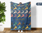 Custom Name Retro Reindeer Blanket, Personalized Woodland Animal Throw for Cabin Lodge Decor and Cozy Nature Gifts