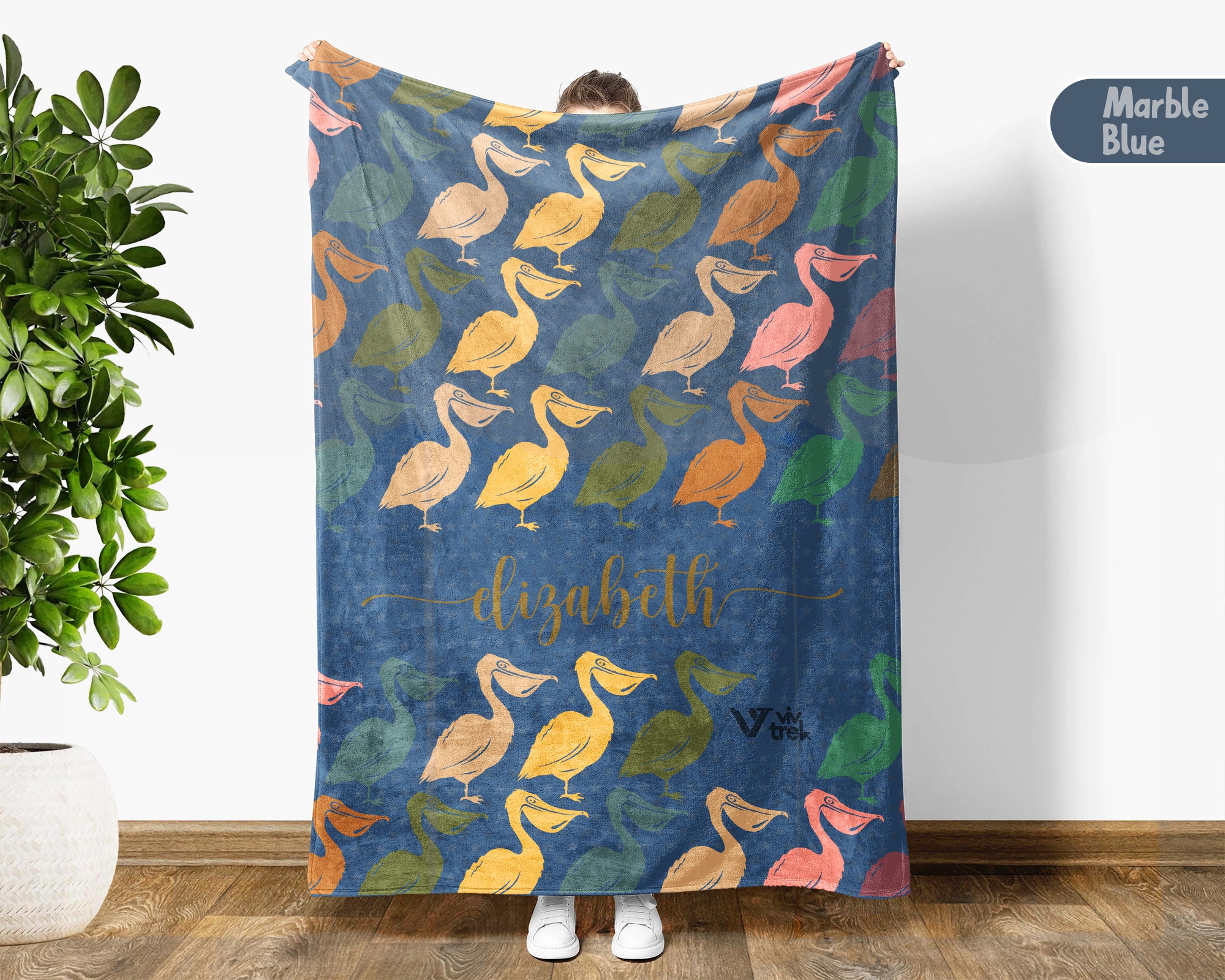 Custom Name Pelican Blanket, Cozy Retro Coastal Throw for Bird and Nature Lovers