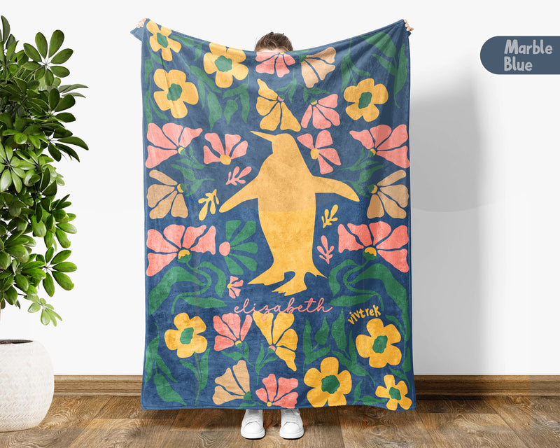 Personalized Name Floral Penguin Blanket, Cozy Floral Throw for Kids Teens Adults, Cute Penguin Lover Gift
