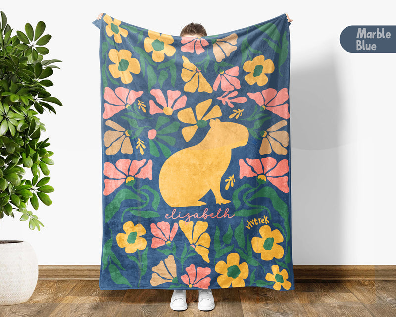 Floral Custom Name Capybara Blanket, Cozy Floral Capybara Throw Gift for Kids Teens Adults, Perfect Birthday Animal Gift