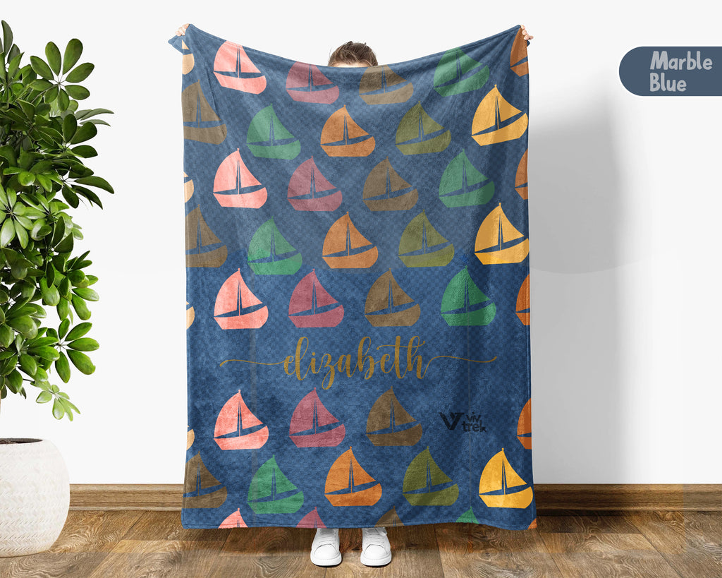 Custom Name Retro Sailing Blanket, Personalized Boat Throw for Nautical Lover Cabin Decor and Cozy Coastal Gifts