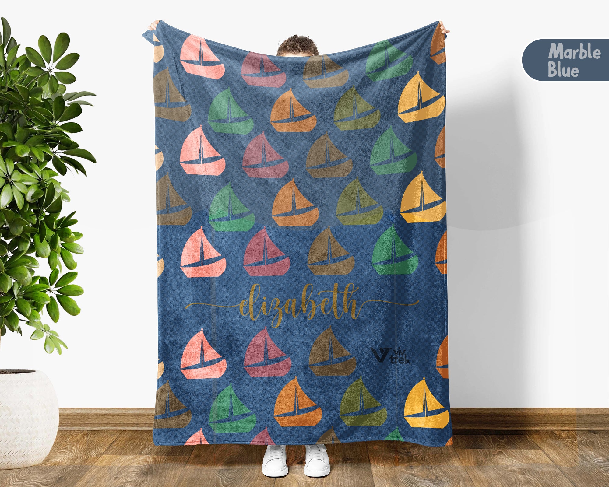 Custom Name Retro Sailing Blanket, Personalized Boat Throw for Nautical Lover Cabin Decor and Cozy Coastal Gifts