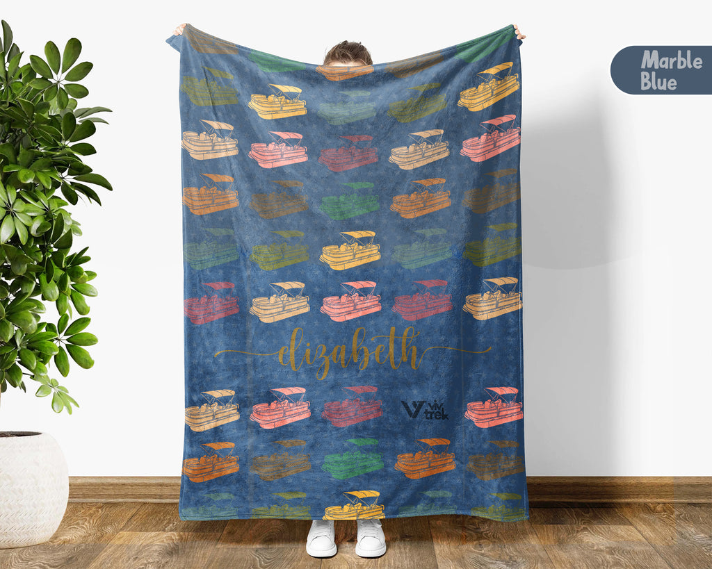 Custom Name Nautical Pontoon Captain Blanket, Retro Boat Lover Throw for Lake Life Fans, Cozy Marine Inspired Home Decor Gift