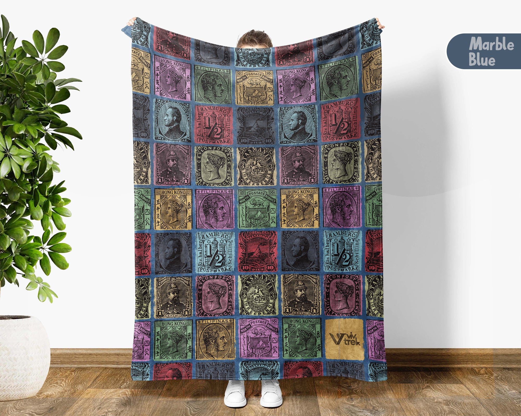 Vintage Stamp Collector Blanket, Retro Philately Throw for Cozy Hobby Decor and Postage Gift Lovers