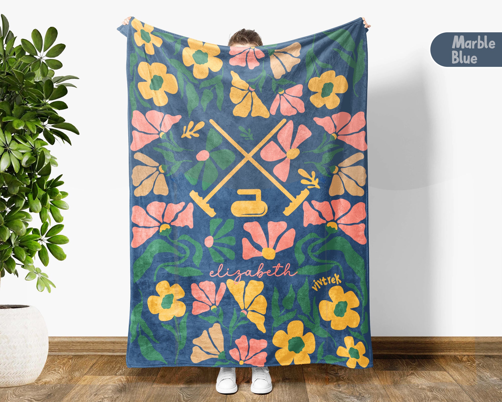 Floral Curling Blanket with Custom Name, Cozy Curling Throw Gift for Kids Teens Adults, Perfect Birthday Sports Present