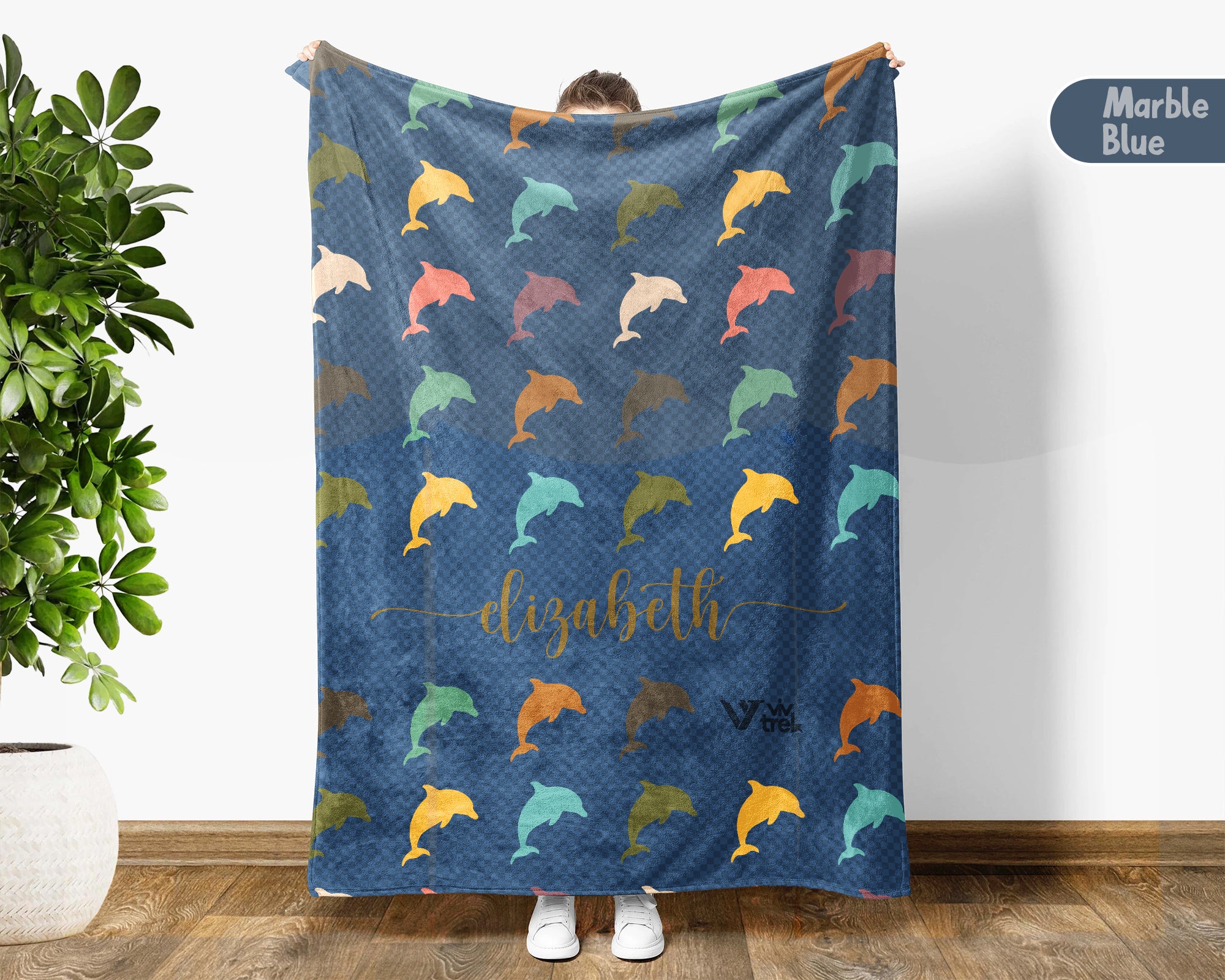 Personalized Dolphin Lover Blanket Custom Name Vintage Ocean Throw Cozy Marine Life Fleece Gift Retro Sea Animal Home Decor Accent