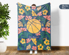 Custom Name Basketball Blanket, Cozy Floral Sports Throw for Hoop Fans