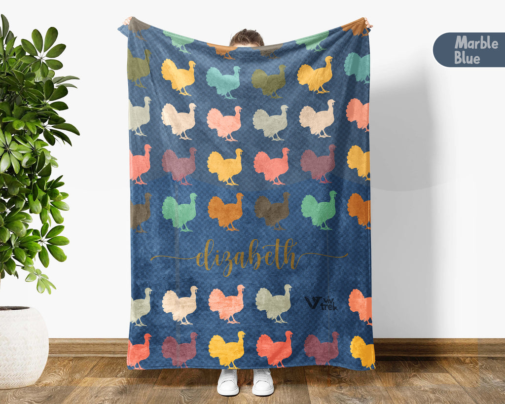 Custom Name Retro Turkey Blanket, Personalized Thanksgiving Throw for Cozy Fall Decor and Seasonal Holiday Gifts