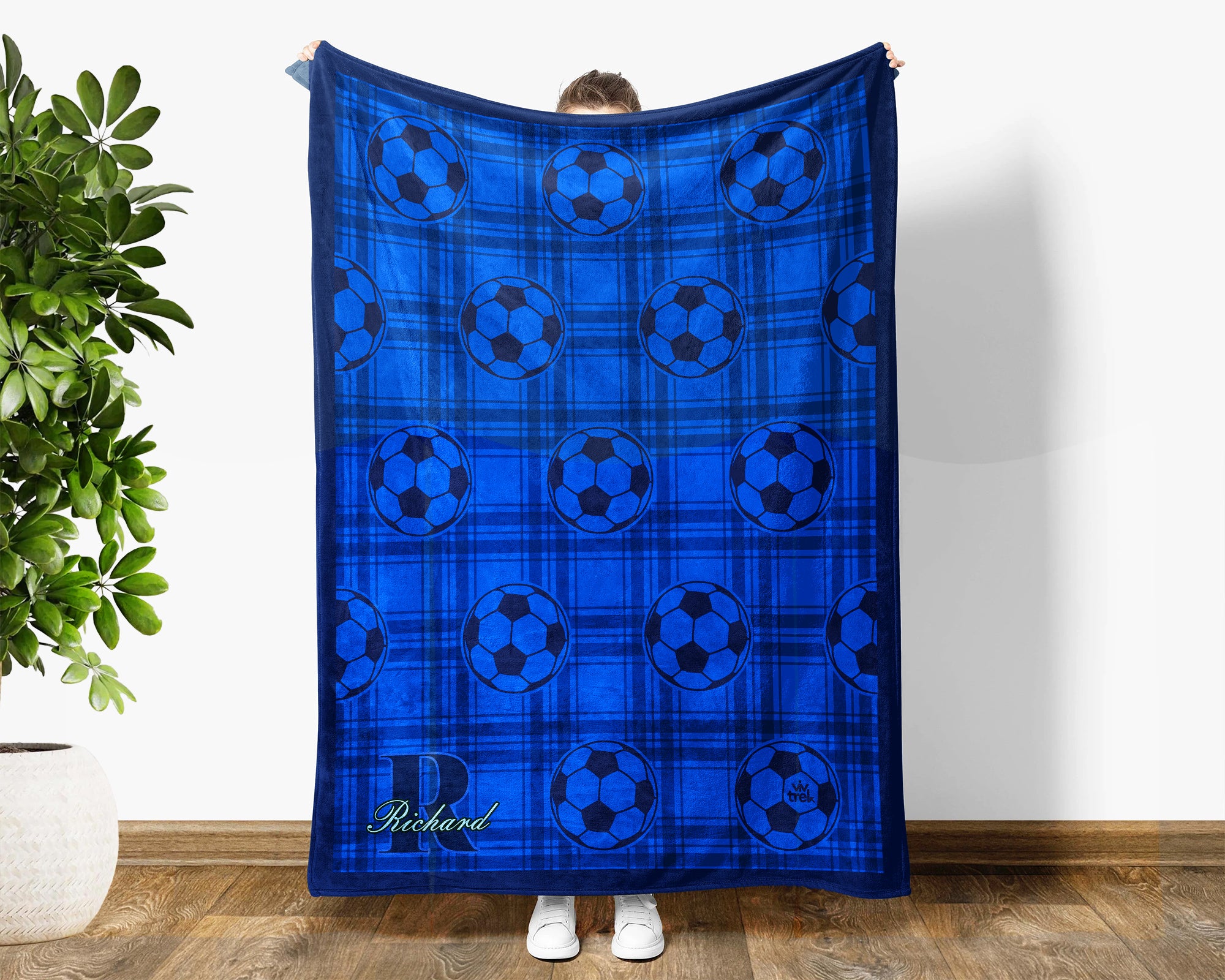 Custom Name Soccer Plaid Blanket, Personalized Name Soccer Throw for Boys and Girls, Aesthetic Unique Soccer Lover Gift, Cozy Sports Blanket