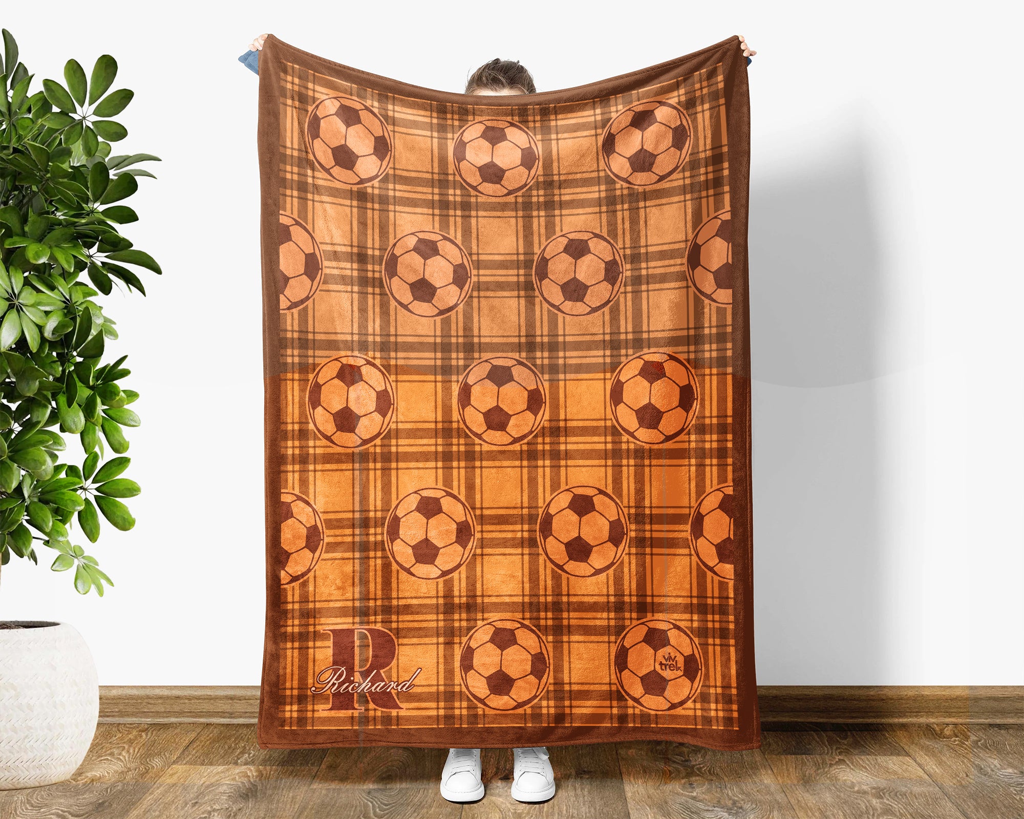 Custom Name Soccer Plaid Blanket, Personalized Name Soccer Throw for Boys and Girls, Aesthetic Unique Soccer Lover Gift, Cozy Sports Blanket
