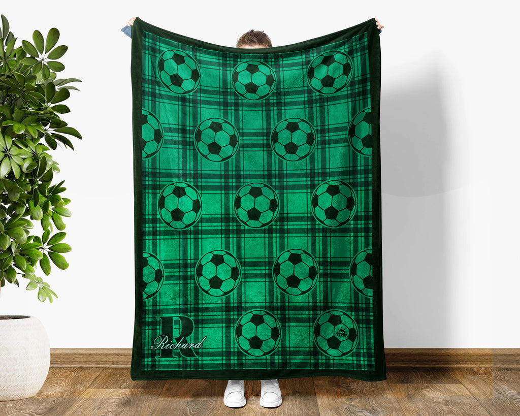 Custom Name Soccer Plaid Blanket, Personalized Name Soccer Throw for Boys and Girls, Aesthetic Unique Soccer Lover Gift, Cozy Sports Blanket